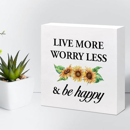 Live More Worry Less and Be Happy Sunflower Wood Block Sign Desk Decor,Rustic Inspirational Wooden Box Plaque Sign Desk Decor for Home Bedroom Living Room Office Shelf Table Decorations