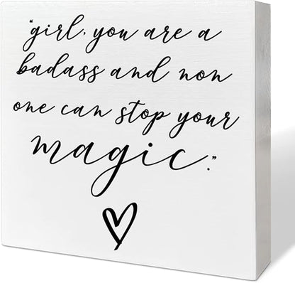 Home Office Desk Wooden Box Sign Decor, Girl Non One Can Stop Your Magic, Inspirational Quotes Desk Decor Motivational Desk Decorations for Women Girls Teens Student Office Classroom School