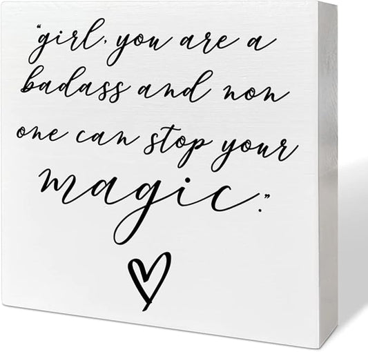 Home Office Desk Wooden Box Sign Decor, Girl Non One Can Stop Your Magic, Inspirational Quotes Desk Decor Motivational Desk Decorations for Women Girls Teens Student Office Classroom School