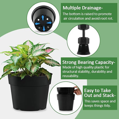4/6/8 Inch Black Plant Nursery Pots, 15 Pack, Thickened Plastic with Drainage Holes, Indoor/Outdoor