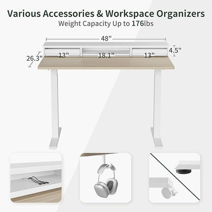 EZIBO 48 * 26 Inch Electric Standing Desk with Monitor Stand, Height Adjustable Table with LED Strips, Ergonomic Home Office Furniture with 2 Drawers Storage Workstation, Light Walnut
