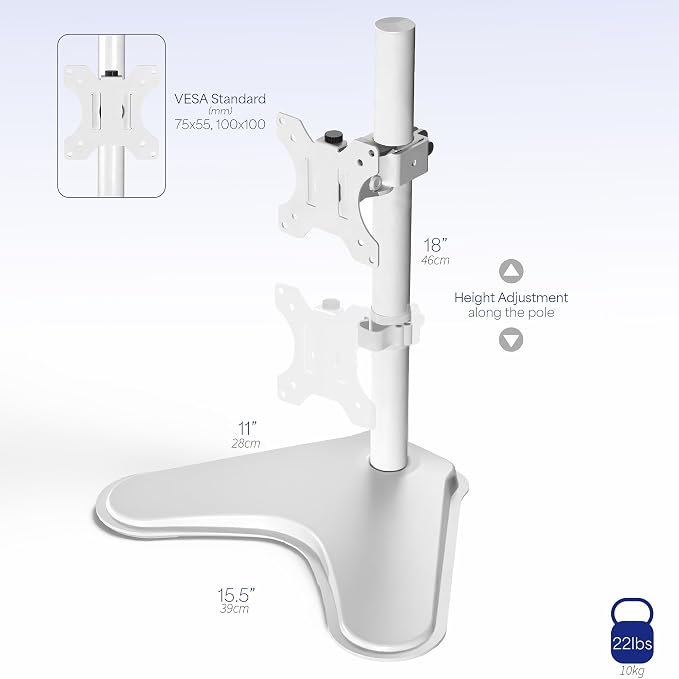 VIVO Single Monitor Desk Stand, Holds Screens up to 32 inch Regular and 38 inch Ultrawide, Freestanding VESA Steel Mount Base, Adjustable Height, Tilt, Swivel, Rotation, White, STAND-V001HW