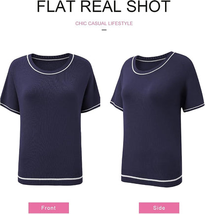 SHEWIN Womens Tops Trendy Short Sleeve Shirts Crewneck Lightweight Knit Sweater Top Business Casual Outfits