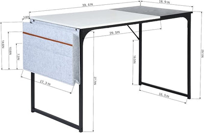 FurnitureR 39.4 inch Study Writing Table with Storage Bag Space Saving for Home Office, Modern PC Metal Frame Computer Desk, Black/White