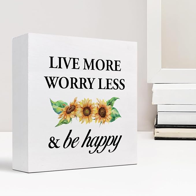 Live More Worry Less and Be Happy Sunflower Wood Block Sign Desk Decor,Rustic Inspirational Wooden Box Plaque Sign Desk Decor for Home Bedroom Living Room Office Shelf Table Decorations