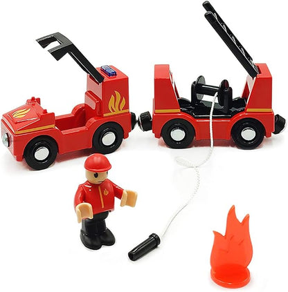 Wooden Train Cars Track Accessories Set Rescue Fire Truck Small Vehicles Magnetic Train Cars Fit for Wooden Train Track Railway for Boys and Girls (Fire Truck(with Light and Sound))