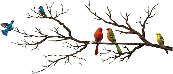 ESTART Metal Birds Wall Art, Metal Vivid Birds on Branch Silhouette Wall Decor Black Leaves with Bird Outdoor Hanging Wall Sculpture for Home Balcony Garden (Vintage Color, Large)