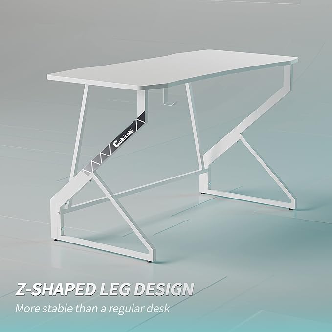 CubiCubi Simple Gaming Desk Z Shaped 40 inch Gamer Workstation, Home Computer Carbon Fiber Surface Gaming Desk PC Table with Headphone Hook, White
