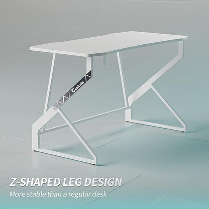 CubiCubi Simple Gaming Desk Z Shaped 40 inch Gamer Workstation, Home Computer Carbon Fiber Surface Gaming Desk PC Table with Headphone Hook, White