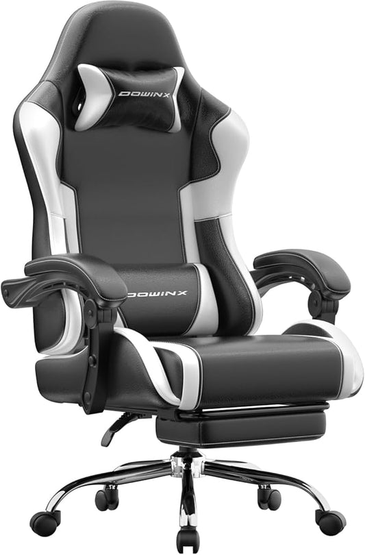 Dowinx Ergonomic Gaming Chair with Footrest & Massage Lumbar, 2D-Linkage Armrests for Computer Chair 330lbs with Headrest Pillow for Office, Home, Streaming and Long Gaming Sessions, White