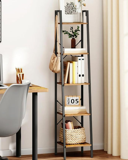 Hzuaneri Ladder Shelf, Bookshelf Bookcase, Freestanding Corner Storage Shelve with 2 Hooks for Home Office, Living Room, Kitchen, Bedroom, Industrial, 11.8" D x 13.4" W x 63" H, Rustic Brown BC03201B
