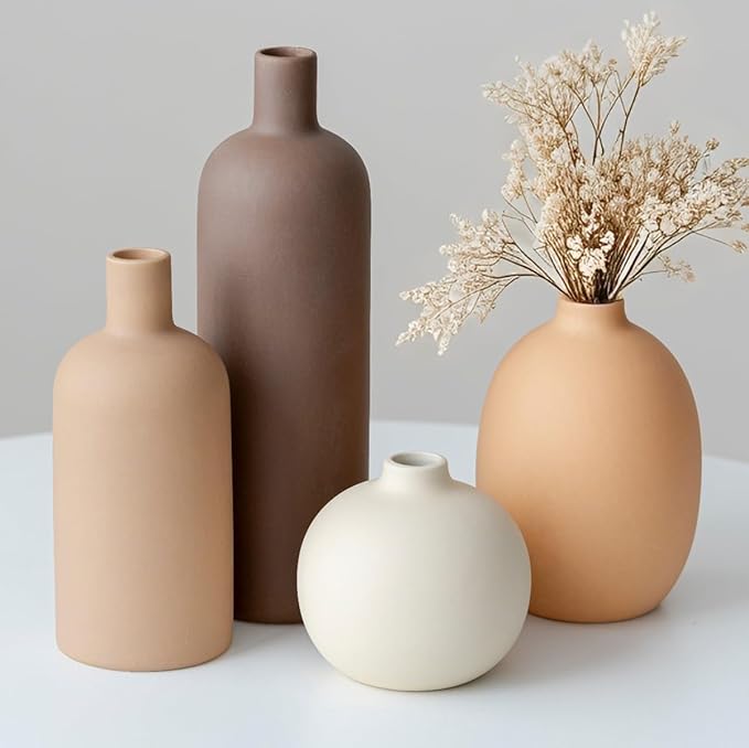 Modern Ceramic Vase Set, Neutral Colors, Decorative Vases for Home Shelf Decor, 4 Piece Collection, Happy Birthday Gifts for Women Mom Her Friend Sister Wife Grandma, Self Care Gift (Coffee Mix set 4)