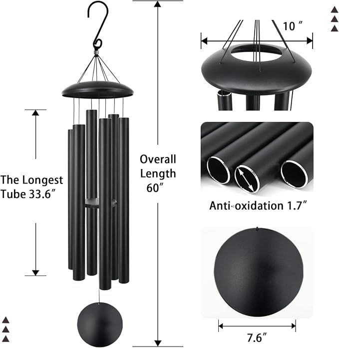 ASTARIN 60" Extra Large Wind Chimes Outside Metal WindChimes with Deep Tone, Outdoor Bass Windchimes for Patio Balcony Garden Yard Decoration,Black