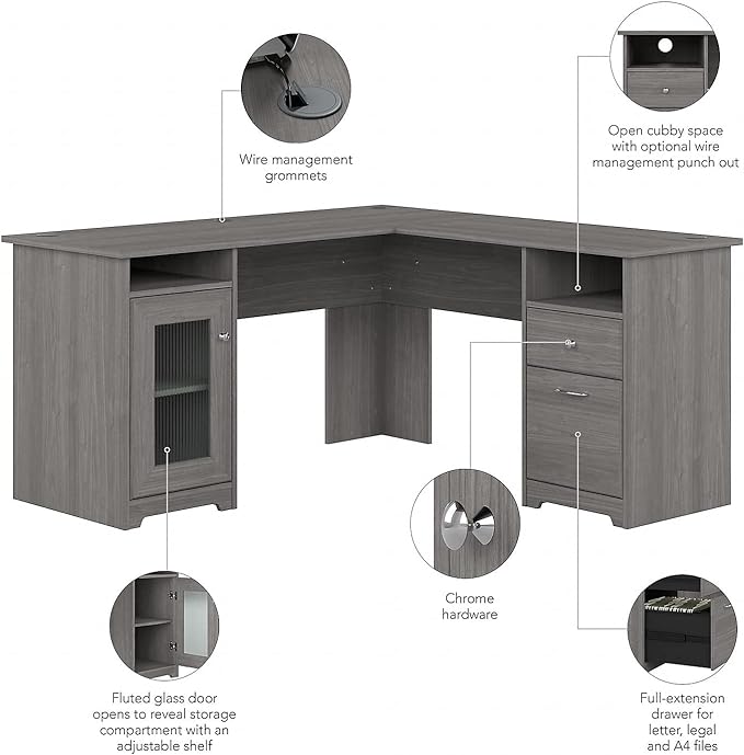 Bush Furniture Cabot L Shaped Computer Desk in Modern Gray | Corner Table with Drawers and Storage for Personal Home Office Workspace