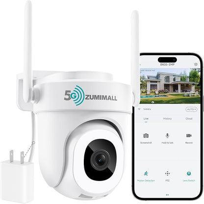 ZUMIMALL 2K 3MP Wired Camera for Home Security, 2.4G/5G WiFi Security Camera Outdoor, 24/7 Recording, AI Motion Detection, Cloud & SD Card Storage, 2-Way Audio, 360° PTZ Auto Tracking, Work with Alexa