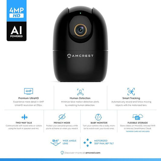 Amcrest 4MP WiFi Camera Indoor, Dog Camera, Sound & Baby Monitor, Human & Pet Detection, Motion-Tracking, w/ 2-Way Audio, Pan/Tilt Wireless IP Camera, Night Vision, Smart Home ASH41-B