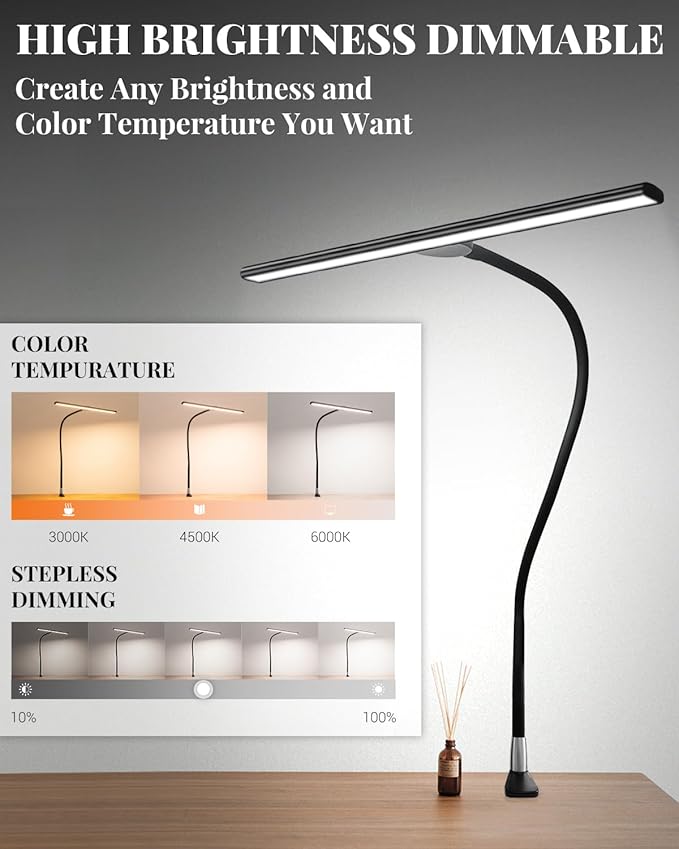 LED Desk Lamps for Home Office, Gooseneck Desk Lamps with Clamp, 30 Lighting Modes Adjustable, 18W Eye-Caring Desk Light, for Reading, Study, Workbench