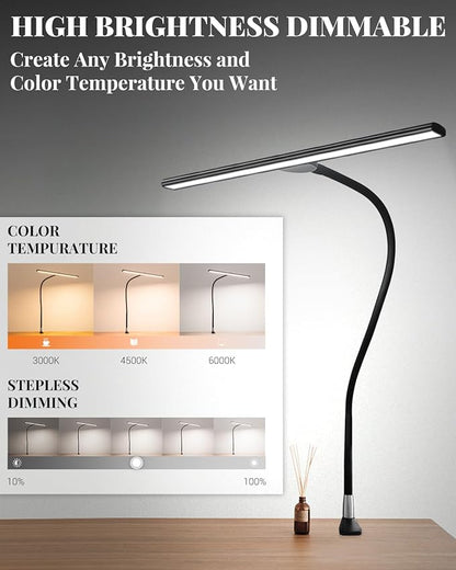 LED Desk Lamps for Home Office, Gooseneck Desk Lamps with Clamp, 30 Lighting Modes Adjustable, 18W Eye-Caring Desk Light, for Reading, Study, Workbench