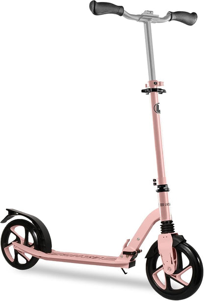 LaScoota Kick Scooter for Kids Ages 6+, Teens & Adults, Large 8" Sturdy Urethane Wheels. Adjustable Handlebar, Lightweight, Foldable, 220lbs Max Load