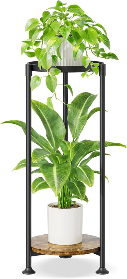 iDavosic.ly 2 Tier Corner Plant Stand Indoor, 30 Inch Tall Vertical Metal Flower Heavy Duty Pot Holder Shelf Outdoor for Patio Porch Living Room, Modern Black & Rustic Brown - Round