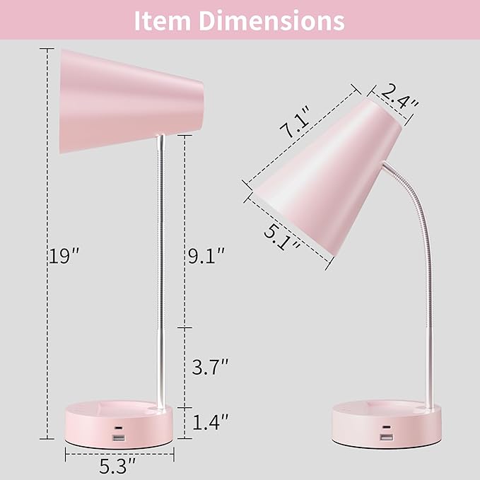 RUNTOP Pink Desk Lamp, Desk Lamps for Home Office, Desk Light for Kids, Desktop/Computer Study Lamps, Bedrooms Adjustable Gooseneck Reading Lamp with USB Port, 5 Brightness Levels, 5 Color Temperature