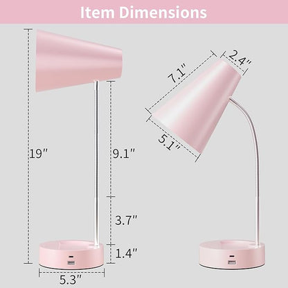 RUNTOP Pink Desk Lamp, Desk Lamps for Home Office, Desk Light for Kids, Desktop/Computer Study Lamps, Bedrooms Adjustable Gooseneck Reading Lamp with USB Port, 5 Brightness Levels, 5 Color Temperature
