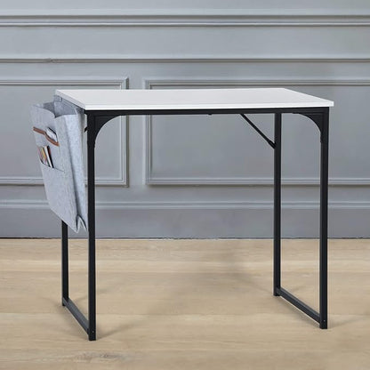 FurnitureR 31.5 inch Small Study Writing Table with Storage Bag Space Saving for Home Office, Modern PC Metal Frame Computer Desk, White