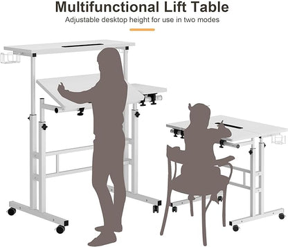 SDHYL 31.5 inches Movable Laptop Desk with Mouse Board Adjustable Height and Angle Anti-Slip Workstation Home Office Desk with Tablet Slot Portable Student Desk, White with Hook