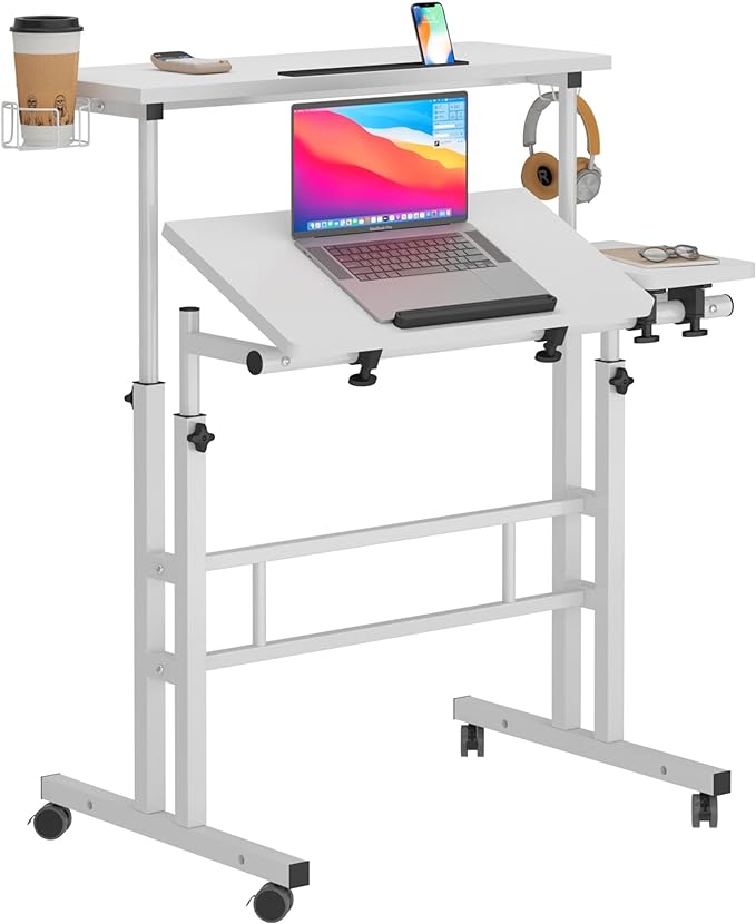SDHYL 31.5 inches Movable Laptop Desk with Mouse Board Adjustable Height and Angle Anti-Slip Workstation Home Office Desk with Tablet Slot Portable Student Desk, White with Hook
