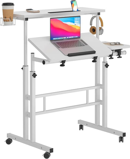 SDHYL 31.5 inches Movable Laptop Desk with Mouse Board Adjustable Height and Angle Anti-Slip Workstation Home Office Desk with Tablet Slot Portable Student Desk, White with Hook
