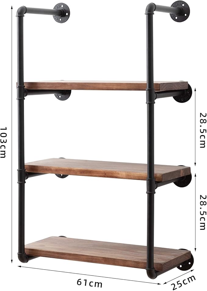 Industrial Wall Mounted Pipe Shelving,Rustic Metal Floating Shelves,Steampunk Real Wood Bookcases,DIY Bookshelf Hanging Shelves,Farmhouse Kitchen Bar Office Home Storage (4-Tier with 3 Boards,24in)