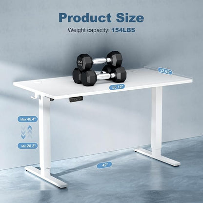 DUMOS 55 Inch Electric Standing Desk, Memory Adjustable Home Office Desk | Sit Stand Up Desk for Work Home Office,Adjustable Desk, Rising Computer Table with Splice Board,Cable Management,Hook,White