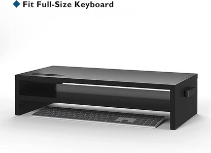BONTEC Wood Monitor Stand Riser, 2-Tier Desktop Organizer with Storage, Ergonomic Computer Stand for Desk, Cable Management, Cellphone Holder, 21.3 Inch Shelf, Black | Ergonomic Computer Stand for Desk, Cable Management, Cellphone Holder, 21.3 Inch She...