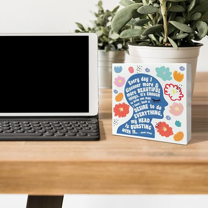 Home Office Desk Wooden Box Sign Decor, I Discover More & More Beautiful Things, Inspirational Quotes Desk Decor Motivational Desk Decorations for Women Girls Teens Student Office Classroom School