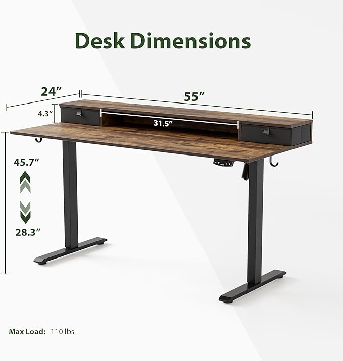 55 x 24 Inches Height Adjustable Electric Standing Desk with 2 Drawers, Stand Up Electric Desk Adjustable Height, Sit Stand Computer Gaming Table with Splice Board, Rustic Brown