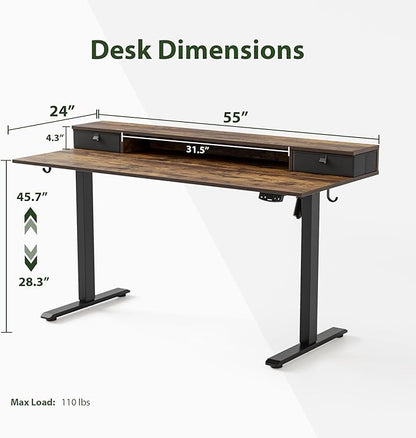 55 x 24 Inches Height Adjustable Electric Standing Desk with 2 Drawers, Stand Up Electric Desk Adjustable Height, Sit Stand Computer Gaming Table with Splice Board, Rustic Brown