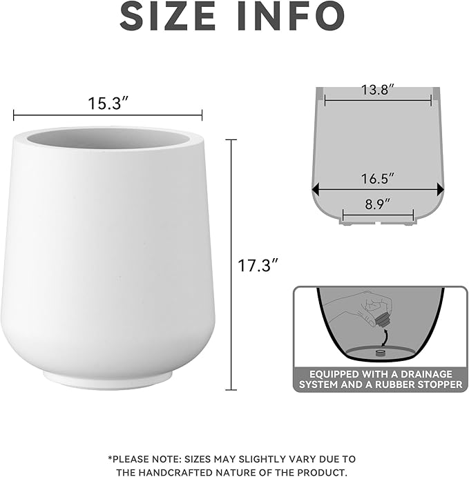 Kante 15.3" Dia Round Concrete Planter, Outdoor Indoor Large Plant Pots Containers with Drainage Hole and Rubber Plug for Home Garden Patio, Snow White