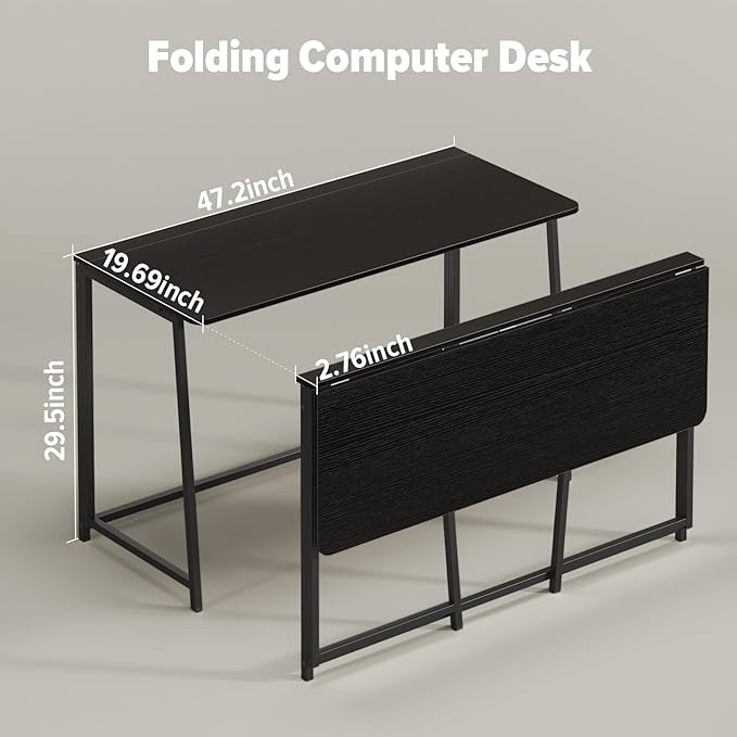 WOHOMO Folding Desk, 47.2" Foldable Computer Table for Small Spaces, Black | Easy Assembly and Fold, Sturdy Home office desks for Study Bedroom Dorm Space Saving Writing Work Apartment