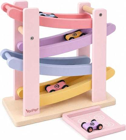 Vanplay Car Ramp Toys for One Year Old Girl Birthday Gifts, Montessori Toys for 1 2 Year Old, Wooden Race Track Truck Toy with 4 Mini Cars, First Christmas Birthday Gifts for Toddler Girl Toys 1-3-2-4
