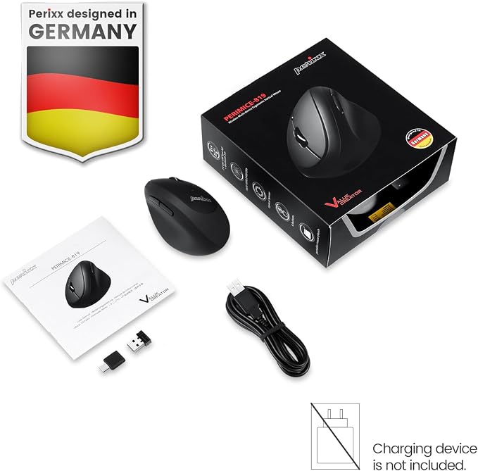 Perixx PERIMICE-819B Bluetooth Portable Vertical Mouse - Wireless 3-in-1 Multi-Device Spec - Silent-Click - Portable Compact Size - Black - Right Handed