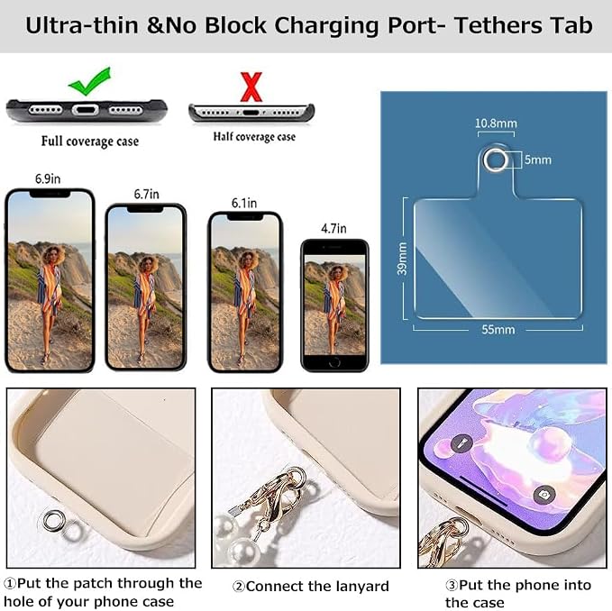 Crossbody Chain Cell Phone Lanyard - Universal Leather+Metal Shoulder Strap With Tether Patches (J)