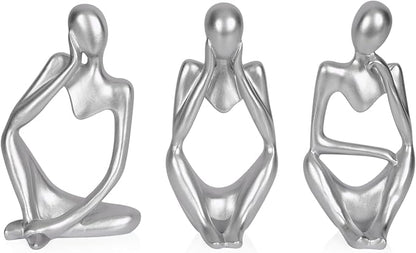 Sandstone Resin Thinker Style Abstract Sculpture Statue Collectible Figurines Home Office Bookshelf Desktop Decor (Small Silver, 3pcs)