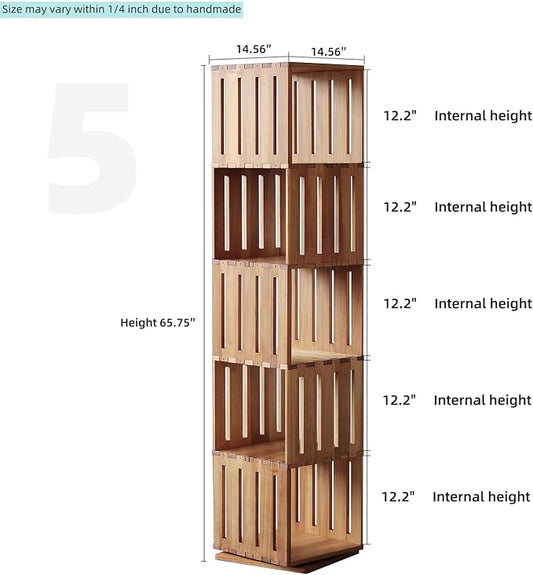 Wooden Rotating Bookshelf, 360°Spinning Deep-Bin Tower for Art Books&Large Formats, Solid Wood Revolving Bookcase, Floor Standing Storage Rack,Corner Organizer,Small Space,study,Office, 5-Tier