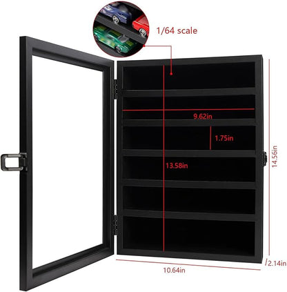 Toy Cars Display Case 1/64 Scale Diecast Car Display Case Wall Mount Model Car Display Storage Cabinet Lockable with Real Glass & Removable Shelf Rack -Black