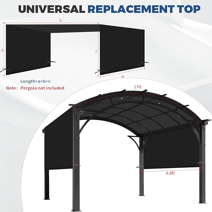 17' x 6.8' Waterproof Pergola Canopy Replacement Cover, Black | Waterproof polyester canopy with built-in drainage holes and adjustable tie straps for a secure fit in rain and wind.