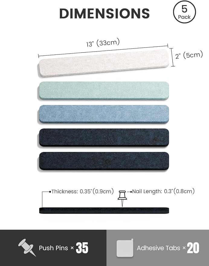 Fluxynara 13" x 2" Felt Wall Panels, Ocean Gradient | 5-Pack Cork Board Alternative with 35 Push Pins, Adhesive Mounting for Bedroom Door or Home Office