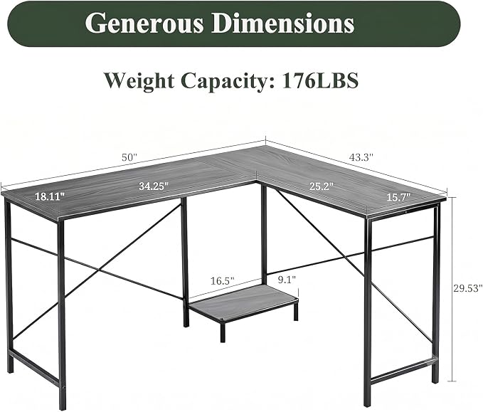 L Shaped Desk, 50 Inch Reversible Computer Desk Corner Gaming Table with CPU Stand, Sturdy Metal Frame PC Workstation for Home Office | Storage Bag, Grey Corner Gaming Desk, Sturdy Metal Frame, PC Workstation for Home Office