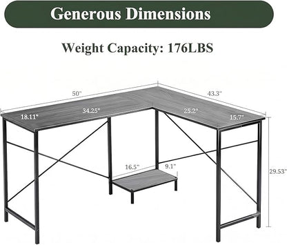 L Shaped Desk, 50 Inch Reversible Computer Desk Corner Gaming Table with CPU Stand, Sturdy Metal Frame PC Workstation for Home Office | Storage Bag, Grey Corner Gaming Desk, Sturdy Metal Frame, PC Workstation for Home Office