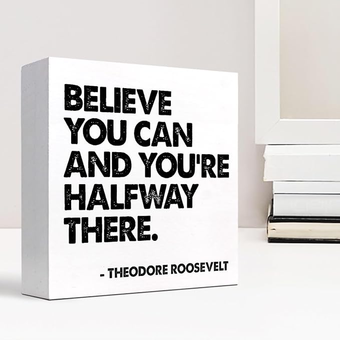 Believe You Can and You're Halfway There Wood Box Signs,Inspirational Wood Plaque Sign Desk Decor,Rustic Positive Wooden Block Sign Decor for Home Office Shelf Table Decoration C1073