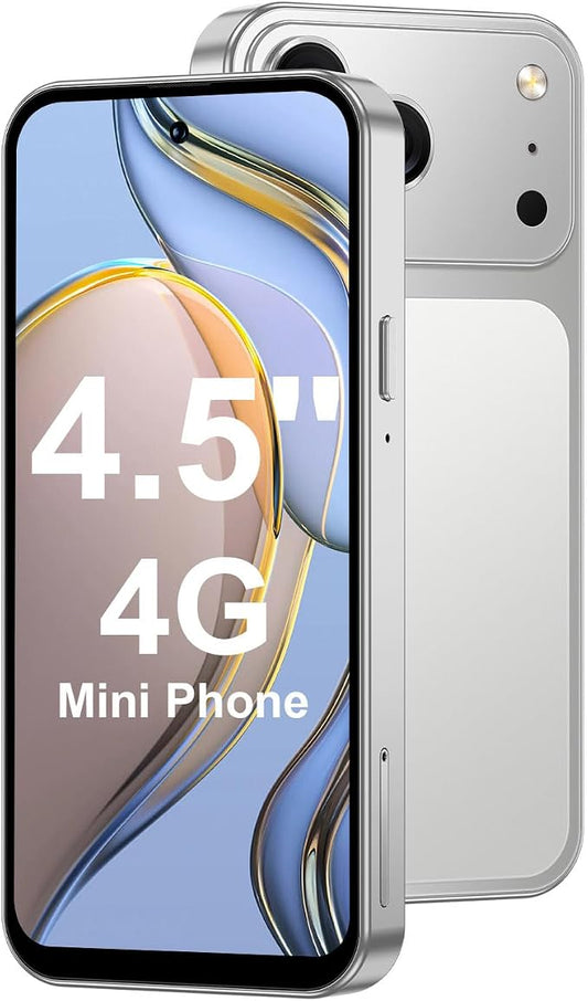 4.5'' Mini Phone 64GB Unlocked 4G Mobile Smartphone with 2000mAh Battery Compact Backup Mini Phone for Kids & Students Dual SIM Face ID Silver | 4.5'' HD Screen
